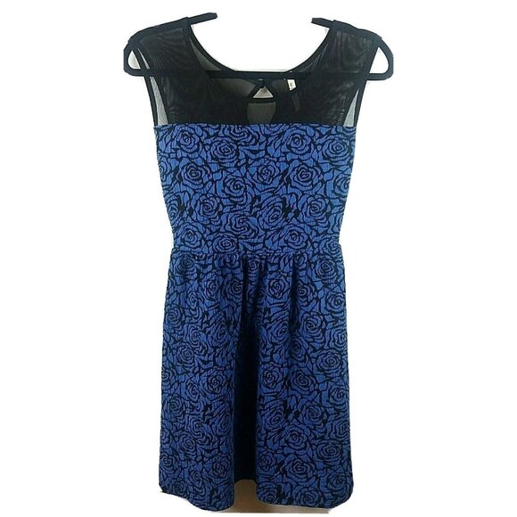 Dark Floral Skater Sleeveless Dress Medium Black Blue Sheer Mesh Whimsigoth - Picture 1 of 7